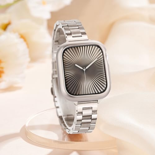 Image of Slim Metal Band for Apple Watch Bands for Women 41mm 40mm 38mm iWatch Bands with Protective Case, Stainless Steel Thin Dressy Fancy Strap for Apple Watch Band Series 9 8 SE 7 6 5 4 3-Starlight