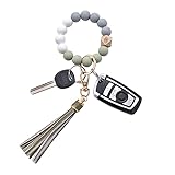 Herbests Bunt Silikon Handgelenk Schlüsselanhänger Elastisches Armband Silikonperlen Holzperlen Armreif mit Quaste Kreative Tragbare Autos Schlüssel Ketten Zubehör Geschenk für Autos Damen Rucksack