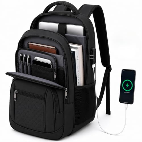Mochila Maculina de Viagem para Notebook 17', Trabalho, Escola - Impermeável com Cabo de Aço e Saída USB - Preta