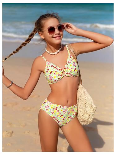 Image of OYOANGLE Girl's 3 Piece Bikini Sets Floral Print Spaghetti Straps Cute Swimsuits with Beach Skirt Bathing Suits