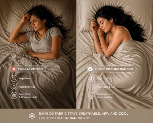 Image of Noare Cooling Bamboo Bedsheet King Size for Double Bed - Breathable & Ultra Soft Summer Bedding Set with 1 Fitted Bedsheet and 2 Pillow Covers - Luxury Cooling for Hot Sleepers | Aesthetic Beige.
