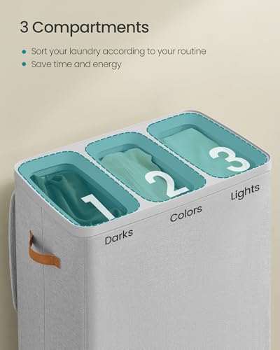 Image of SONGMICS Laundry Basket, 50.2 Gal. Laundry Hamper, 3 Compartments, Easy Assembly, with Lid and Handles, Removable Liners, 25.2 x 15.7 x 29.5 Inches, Dove Gray ULCB814GD01
