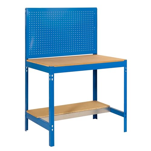 Simon Rack Etabli d’Atelier, Capacité de Charge 400 kg, 1445x910x610 mm, Panneau Perforé, Table de Travail Bricolage, Bleu/Bois - BT2
