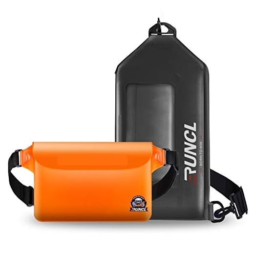 RUNCL Waterproof Pouch, Waist Pack, Chest Bag, Screen Touchable Dry Bag - Slim Design, Dual Closure System - Sports Bag for Fishing, Kayaking, Cycling, Hiking, Camping, Running (Black + Orange)