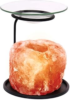 Klass Home Collection Himalayan Pink Rock Crystal Salt Lamp Essential Oil Compatible with Tart Warmer Candles Tea Holder/Wax Burners Tealight with Metal Stand & Glass Dish, Black, Light Orange