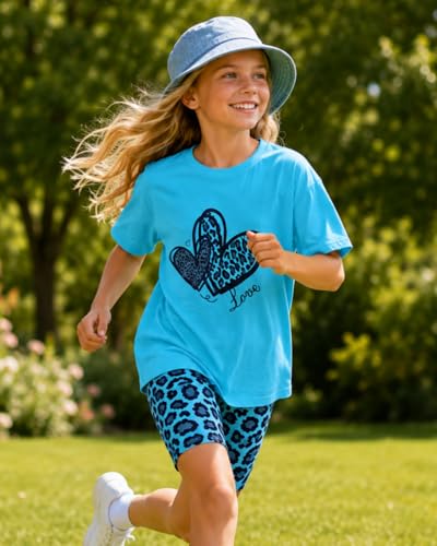 Image of 9-16Y Tween Girl Clothes 2 Piece Short Sleeve Heart Print Top and Shorts Teen Girl Summer Outfits Short Set
