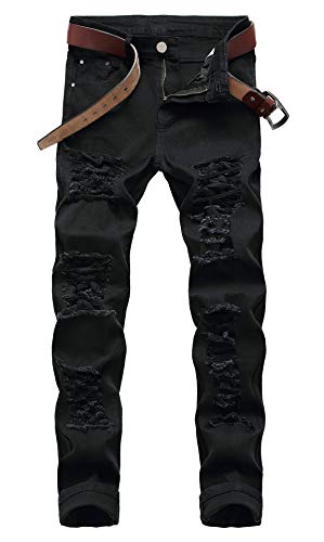 FEESON Men's Casual Straight Slim Leg Elastic Ripped Denim Active Outwear Jeans Black