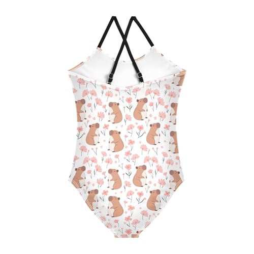 senya Girls Swimsuits One-Piece Swimwear Tie Bathing Suit Beach Summer Round Neck 9-10T Capibara Pattern2