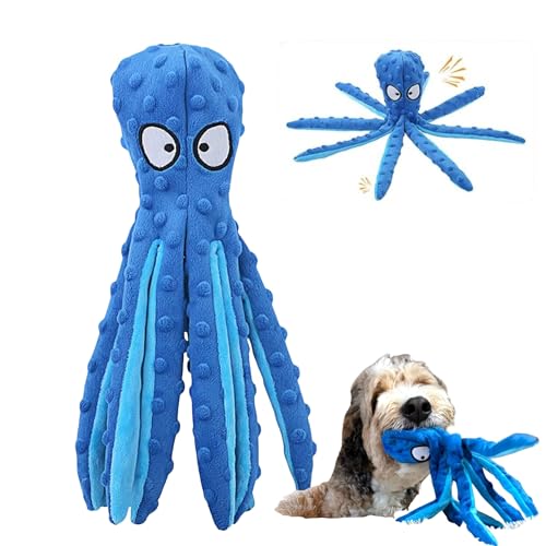 Octopus Dog Toy No Stuffing Plush Squeaky Crinkle Toy to Keep Dogs Busy Interactive Chew Toy for Puppies Small Medium Large Dogs Blue Tail Town