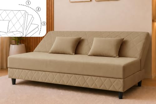 Image of Velvet Fabric Sofa Cum Bed | 3 Seater Sofa Bed | Premium Upholstered Folding Couch for Living Room, Guest Room & Bedroom | Quilted Backrest with 2 Cushions (Golden)