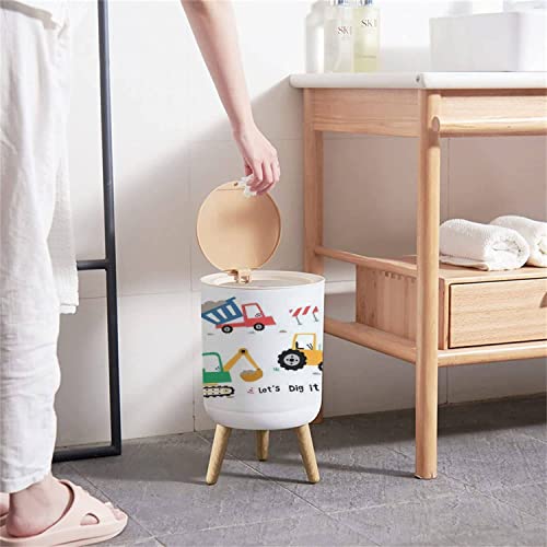 Image of Small Trash Can with Lid Cute Construction Trucks for Kids Round Recycle Bin Press Top Dog Proof Wastebasket for Nursery Playroom Bedroom Office 7L /1.8 Gallon
