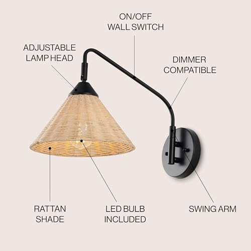 Image of JONATHAN Y 11 inch Black and Natural 1-Light Rattan and Metal Swing Arm Wall Sconce, Vintage Coastal Wall Lamp with Pivoting Head for Bedroom Reading, LED Bulb Included JYL1602A