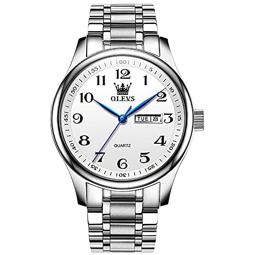 OLEVS Reloj de pulsera de cuarzo analógico de acero inoxidable resistente al agua para hombre con esfera de número fácil de lector, Correa blanca con cara blanca,