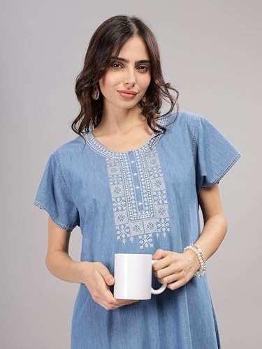 Image of 9shines Label Stylish Denim Cotton Nighty Maxi for Women | Full Length Trendy Nightgown | Premium Nightdress | Nightwear | Embroidery Nighty with Pocket (9SDS)