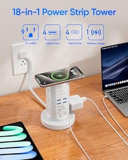 Power Strip Tower, kakyanill Surge Protector Tower 9 AC Outlets 8 USB (4 USB C), 6 Ft Retractable Extension Cord, Charging Station for Office Dorm Room, White