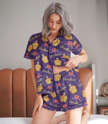 Image of HUNTFAMI Women Silky 2 Pcs Satin Pajama Set Long Sleeve Button Down | Satin pajama set; Short-sleeves in a coordinated 2-piece; funny printed; colourful style