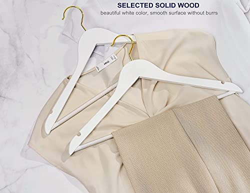 Amber Home 10 Stück 44,5cm Weiß Kleiderbügel aus Holz mit Stange und Nut, Robust und Glänzend Aufhänger für T-Shirt Hemd Anzug Mantel Kleid Hochzeit Trägertop, Gold Haken