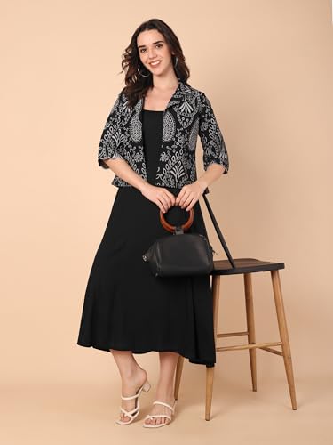 Image of Azira Women Rayon Solid Fit & Flared Dress with Printed Jacket | Perfect for Casual outings, Parties Rayon Fabric|