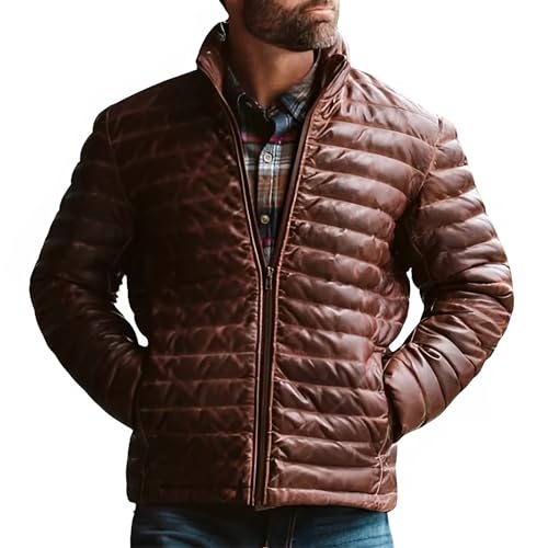 Mens Puffer Jacket Lambskin Down Leather Quilted Jacket Lightweight Zip Up Winter Mens Puffer Coat