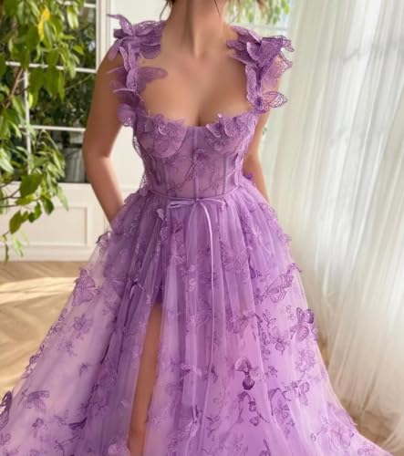 Long Tulle Prom Dresses with 3D Butterflies Ball Gown Evening Dresses Party Wedding Formal Dress with Slit 20244
