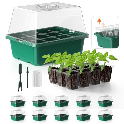 Image of Seed Starter Tray, 10PCS Seed Starter Kit, Seedling Starter Trays with Heightened Lids for Seed Staring, Indoor Gardening Plant Germination Trays (12 Cells per Tray) Green