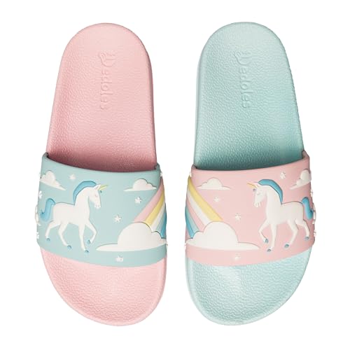 Dedoles Badeschuhe & Hausschuhe Damen Herren & Kinder Badesandalen lustige Designs Bücher Kaffee Party Pizza Fuchs Bär Lama Wolken Geschenk, Farbe: Einhorn und Regenbogen, Gr.: 30 EU 1