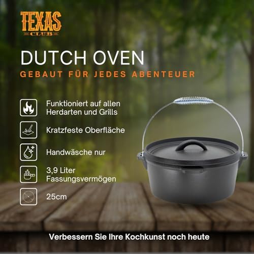 TEXAS CLUB Gusseisentopf Dutch Oven, Gusseisen Topf mit Deckel - Fassungsvermögen 3.5L