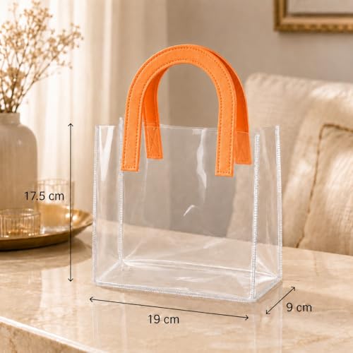 Image of SATYAM KRAFT 6 Pcs Transparent Reusable Leather Goodie Bags | Elegant Gift Bags for Her /Him Wedding Return Favors, Engagement Hampers, Marriage, Birthday & Festival Gifting | Handle Hamper Shopping Carry Bags (U-shaped Orange - Small)