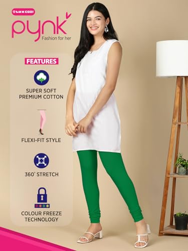 Image of Lux Cozi PYNK Solid Premium Cotton Lycra Churidar Leggings for Women | Regular Fit Elastic Waist Full Length Women Leggings | Free Size