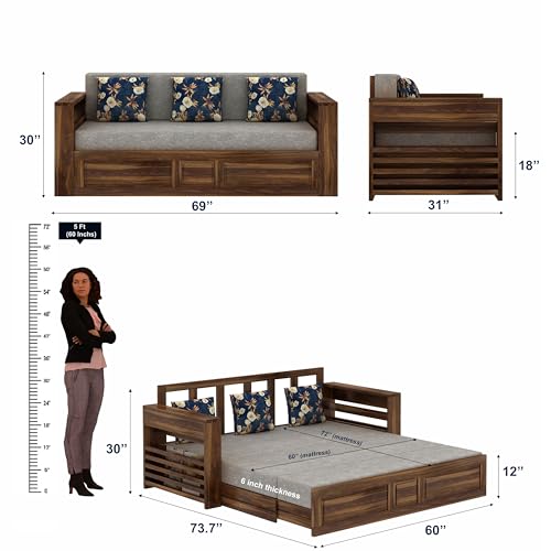 Image of Ganpati Arts Solid Sheesham Wood 3 Seater Lurid Sofa Cum Bed with Side Pocket for Living Room Bed Room Wooden Bedroom Furniture for Home (Teak Finish)