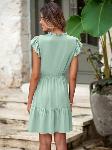 Image of Simplee Womens Summer Dress 2026 Ruffle Short Sleeve Floral Boho Dress V Neck A-line Drawstring Mini Dress with Pockets