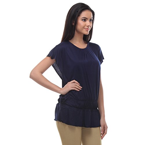Image of Teemoods Women's Short Sleeve Blouson Top - Round Neck, Elastic Waist, Loose Fit Viscose Summer Top for Women