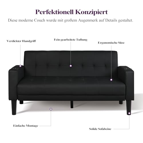 GRAVFORCE Sofa 2 Sitzer Couch mit 2 Ladefunktion und 2 Becherhalter 2er Sofa Klein Kunstleder für Wohnzimmer, Jugendzimmer, Büro, Wohnung, Schlafzimmer, Schwarz