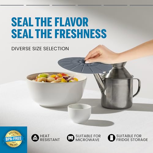 Image of Microwave Cover Silicone Lids - Set of 5: 6, 8, 10, 12 and 13.8 inches - Suction Covers for Pots, Pans, Bowls, Cups, Skillets - Splatter Protection - Easy Food Storage - BPA Free