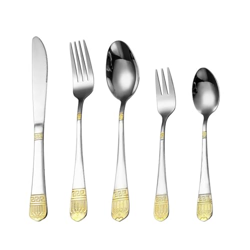 Juego de Cubiertos de Acero Inoxidable con Detalles en Plata y Oro, para 4 Personas, diseño de Llave Griega de Lujo con Detalles Dorados Decorativos, Incluye Cuchillos, Tenedores