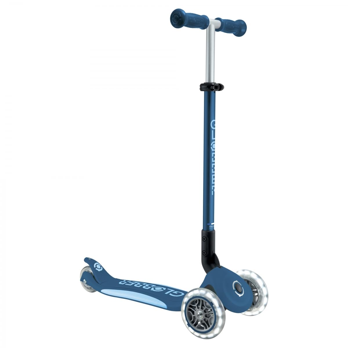 Globber - Primo Foldable Plus Lights - Monopattino a 3 ruote per bambini dai 3 ai 9 anni, blu scuro