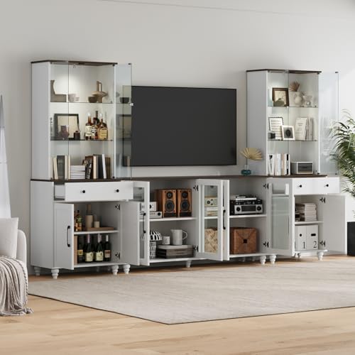 Image of Kikihouse 116.5 inch Entertainment Center for TVs up to 75 | Glass Display Cabinets with Spotlights, Adjustable Shelf, Elevated Leg Design for Living Room, Bedroom