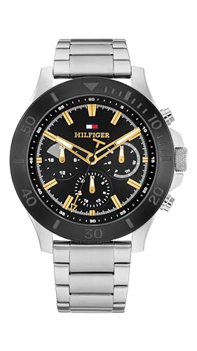 Image of Tommy Hilfiger Men's Multifuction Stainless Steel Bracelet Silver Band, Black Dial Analog Watch