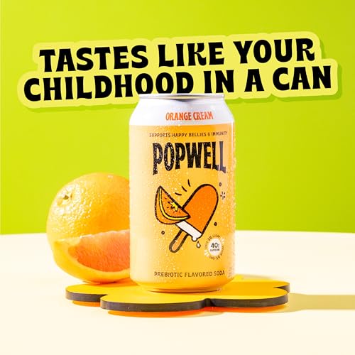 Image of Popwell Orange Cream Caffeinated Better-For-You Prebiotic Soda, with 6g Fiber, 1g Sugar, Vitamins and Immunity Support, 12 fl oz Cans (pack of 12)