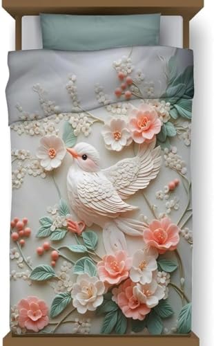 Image of Premium 7D Digital Printed Cotton Flat Bedsheet (90 X 100) Inch with 2 King Size Pillow Covers -300 TC Fabric, Design & Superior Comfort Double Bedsheet for Double Bed (Mint Green - Bird Pattern)