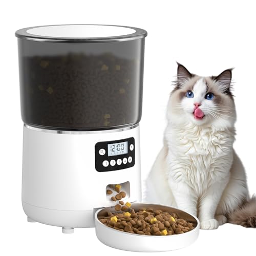 Bizcasa Distributore Automatico Cibo Gatti, Mangiatoia Cani - 4L Distributore Cibo Cani, Orari di Mangiatoia Personalizzati, 1-4 Pasti al Giorno, Dispenser Crocchette Gatto (Bianco - Standard - 4L)