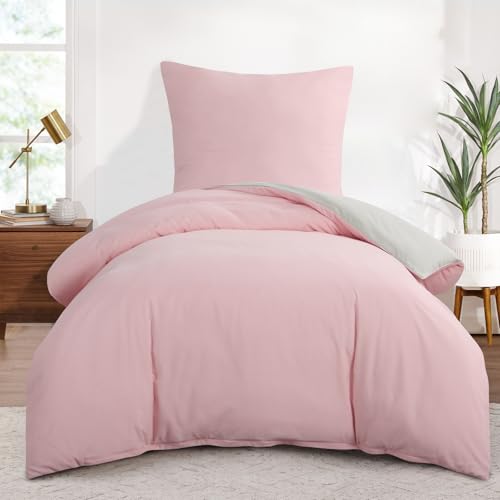 Aisbo Housse de Couette 140x200 Réversible avec 1 Taie d'oreiller 65x65 cm (Rose/Beige) - Parure de Lit 140 x 200 Adulte 1 Personne Microfibre, Parure Couette avec Fermetures éclair, Oeko TEX