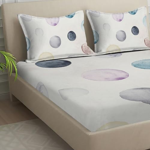 Image of Signature Digital Print Geometric Designs Super King Size Bedsheet - 108 x 108 inches | 100% Cotton-Feel Soft Fabric | Fade-Resistant Colors | 2 Matching Pillow Covers (Dot Harmony)