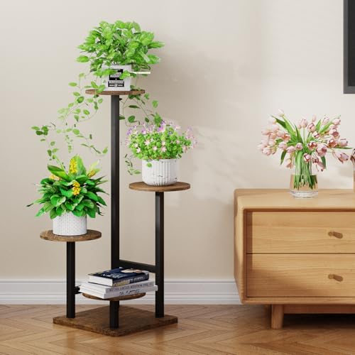 Homsorout Pflanzenständer mit Grow Lights, 4-stöckiger Indoor-Pflanzenständer, Metall mit hängenden Korbhaken, ideal für Wohnzimmer, Garten, Terrasse (Schwarzbraun)