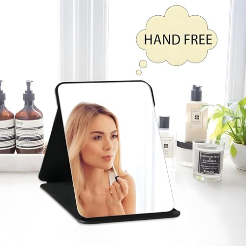 Image of Folding Portable Makeup Mirror with Adjustable Stand | HD Frameless Beveled Design | Travel-Friendly PU Leather Vanity Mirror for Desk, Dresser & Bathroom,Rectangular (Black Round Edge Mirror)