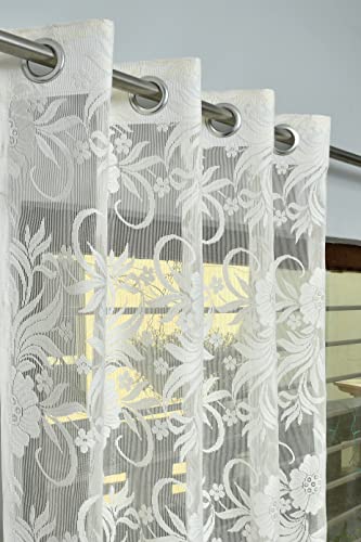 Image of Net Transparent Window Curtain Drapes 5Ft Set of 4 | Sheer Curtain Drapes for Living Room Bedroom Kitchen Balcony | Tissue Light Filtering Panels for Home Office, 4x5 Feet, Offwhite Floral