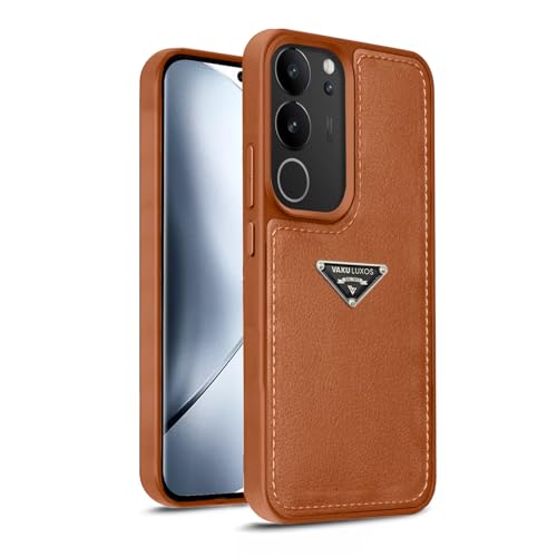 Image of Vaku Luxos Nyxen Back Cover Case for Vivo V29 5G Premium Leather Stitched Soft Shockproof Protective TPU Phone Case Camera Screen Protector- Brown