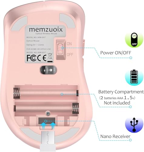 Image of memzuoix 2.4G Wireless Mouse, 1400 DPI Computer Mice with USB Receiver, Portable Wireless USB Mouse Battery Powered Cordless Mice for Laptop, PC, Desktop, 5 Buttons (White Pink)