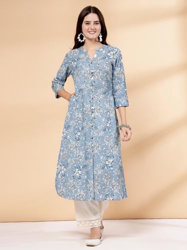 Image of Pistaa's Women's Cotton Regular Fit A Line Floral Print A-Line Regular Kurta