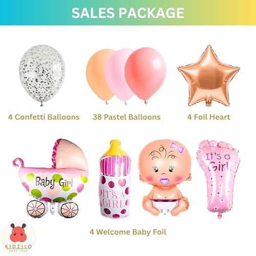 Image of 57 Pcs Welcome Baby Girl Decoration Kit | Balloons, Banner, Curtains, Foils, Stars, Hearts, Ribbon & Confetti for Baby Shower & Newborn Celebration Set 05